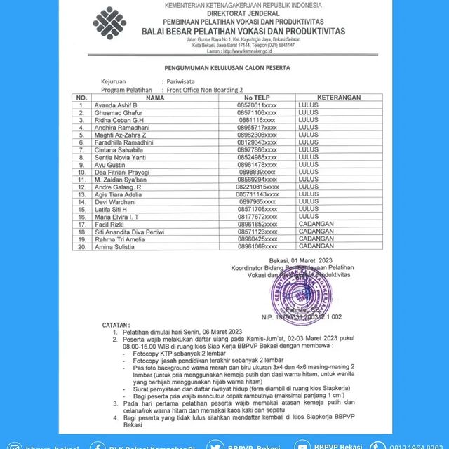 Pengumuman Kelulusan PBK Front Office Non Boarding Tahap 2 Tahun 2023